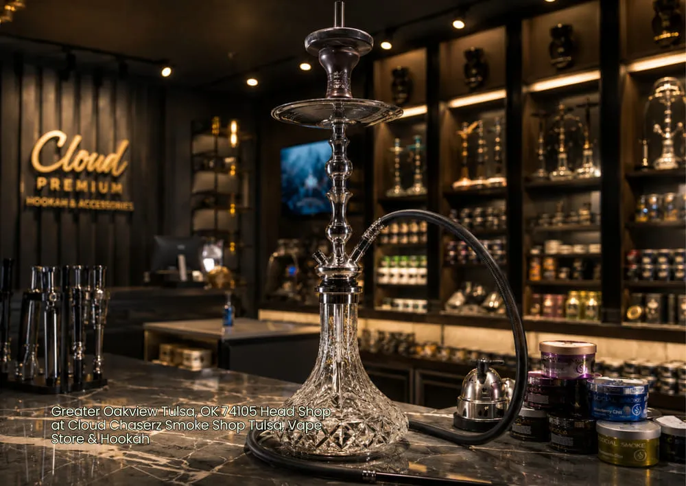 Elegant rose gold hookah set on a marble counter in a premier head shop Tulsa for hookah and smoke supplies.