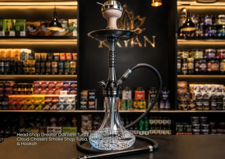 Sleek black hookah with a crystal base displayed inside a modern head shop Tulsa featuring top smoking accessories.