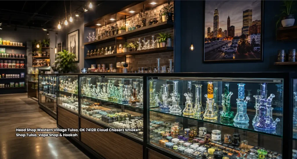 Glass water pipes displayed inside illuminated glass counters at Cloud Chaserz head shop Tulsa in Western Village.