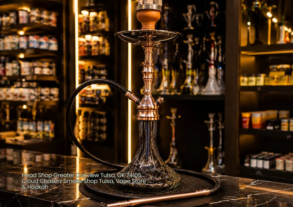 Crystal hookah setup on display at Cloud Chaserz, a top head shop Tulsa destination for premium tobacco and vapes.