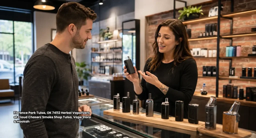 Smoke shop clerk showing portable herbal vaporizers to a customer at Cloud Chaserz vape store in Tulsa OK 