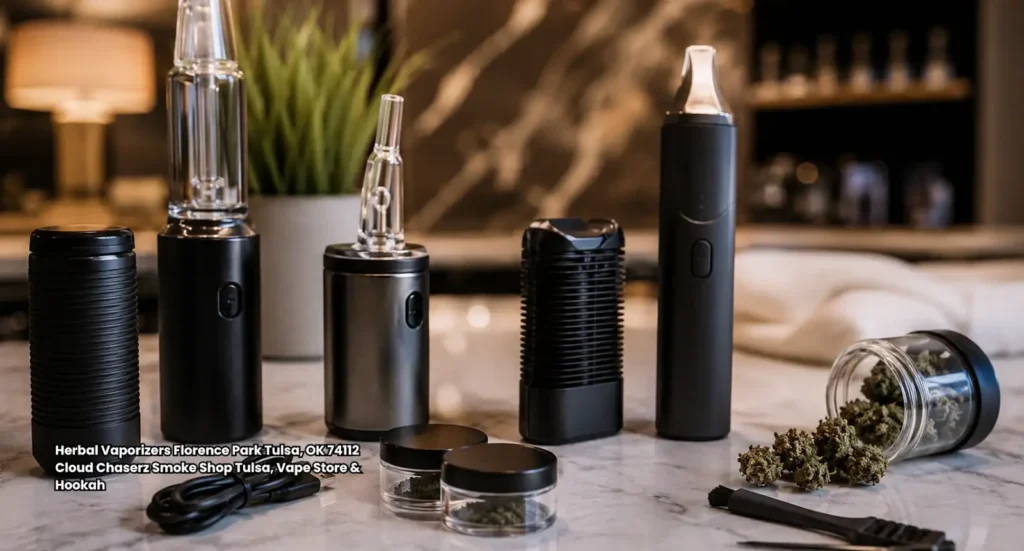 Collection of sleek portable herbal vaporizers and accessories on display at Cloud Chaserz vape shop in Tulsa