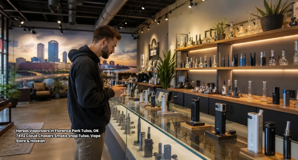 Customer looking at premium dry herbal vaporizers inside Cloud Chaserz vape store in Florence Park Tulsa OK 