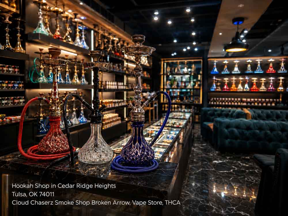 Inside a modern hookah shop Broken Arrow with premium glass water pipes on a marble counter and luxury seating.