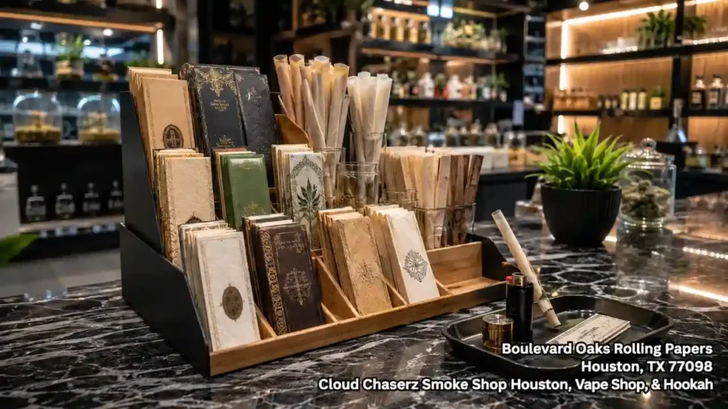 Luxury boutique selection of artisanal rolling papers Houston vape shop display on an elegant marble counter.