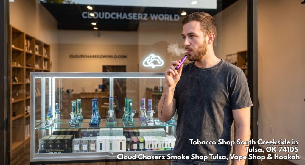 Man enjoying a purple vape pen outside Cloud Chaserz World, a popular tobacco shop tulsa featuring diverse glass pipes.