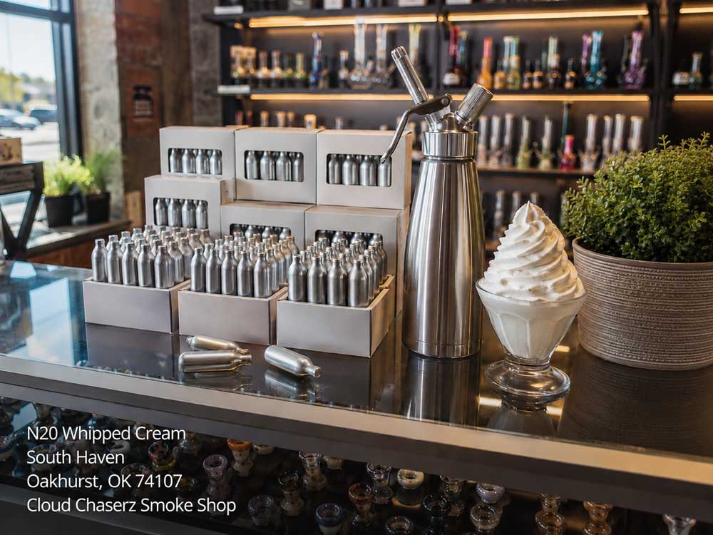 Find premium N2O whipped cream chargers at Cloud Chaserz Smoke Shop near Sapulpa in South Haven, Oakhurst, OK.