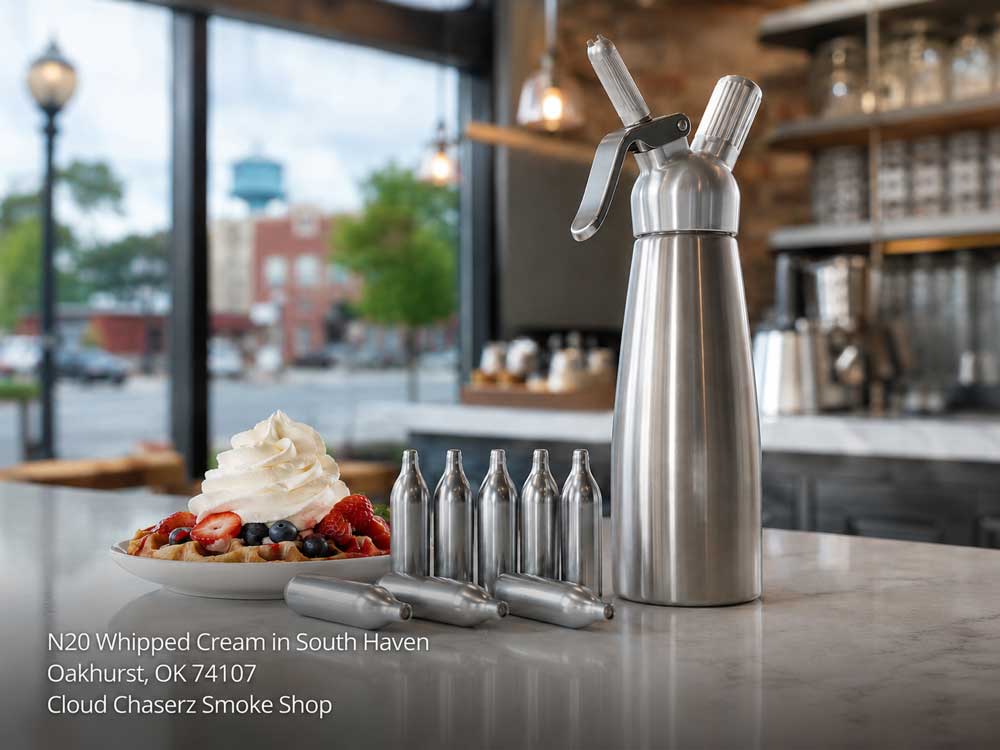 N2O whipped cream dispenser with chargers and waffles near Sapulpa at Cloud Chaserz Smoke Shop in South Haven, OK.