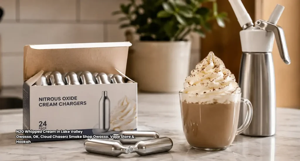 In-store display of N2O whipped cream chargers and dispensers available at Cloud Chaserz smoke shop in Owasso OK