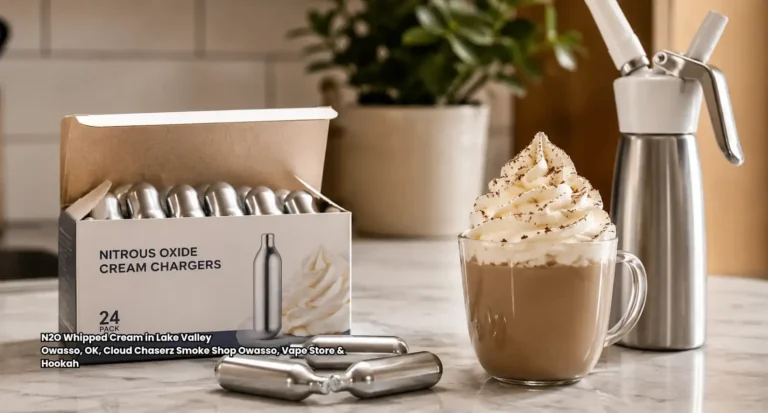 In-store display of N2O whipped cream chargers and dispensers available at Cloud Chaserz smoke shop in Owasso OK