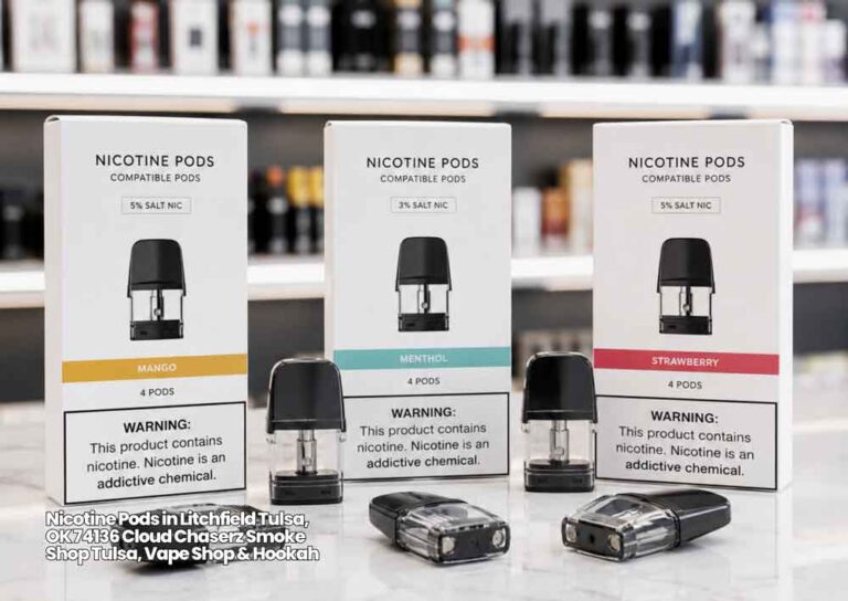 Flavored nicotine pod packages in Mango, Menthol, and Strawberry displayed for premium e-cigarettes Tulsa buyers.