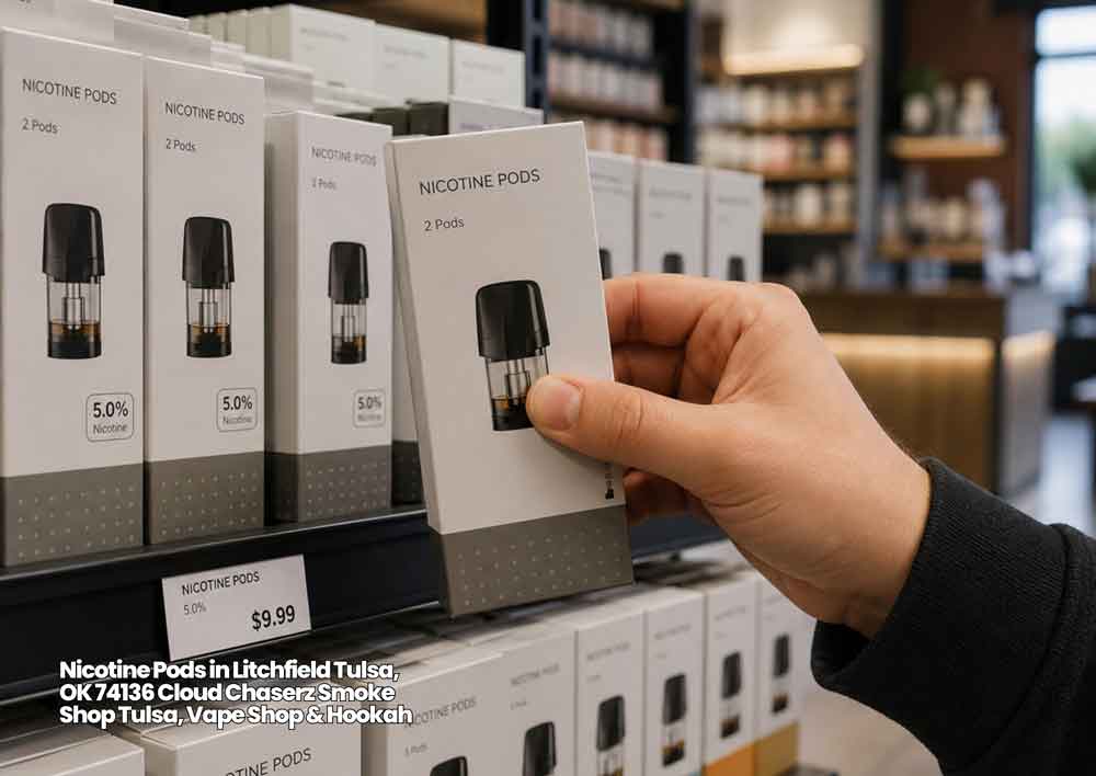 A hand holding a pack of replacement vape pods in a retail store offering quality e-cigarettes Tulsa options.