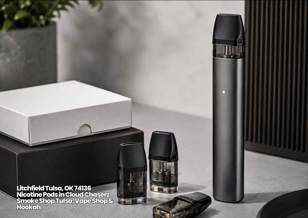 Sleek dark grey vape pen device standing beside refillable pods, showcasing top-tier e-cigarettes Tulsa products.