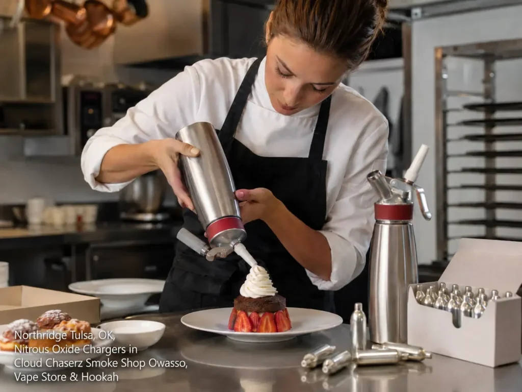 A professional chef uses a stainless steel dispenser and nitrous oxide chargers Owasso to top a gourmet dessert.