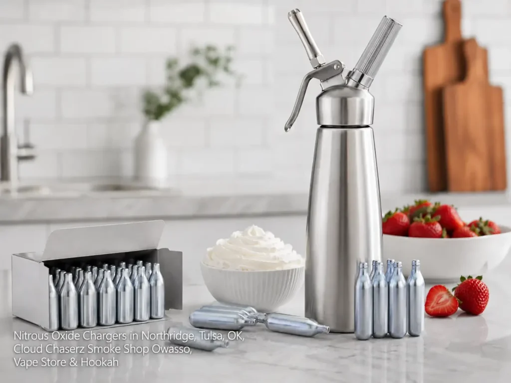 A kitchen counter setup with fresh strawberries, whipped cream, a dispenser, and nitrous oxide chargers Owasso