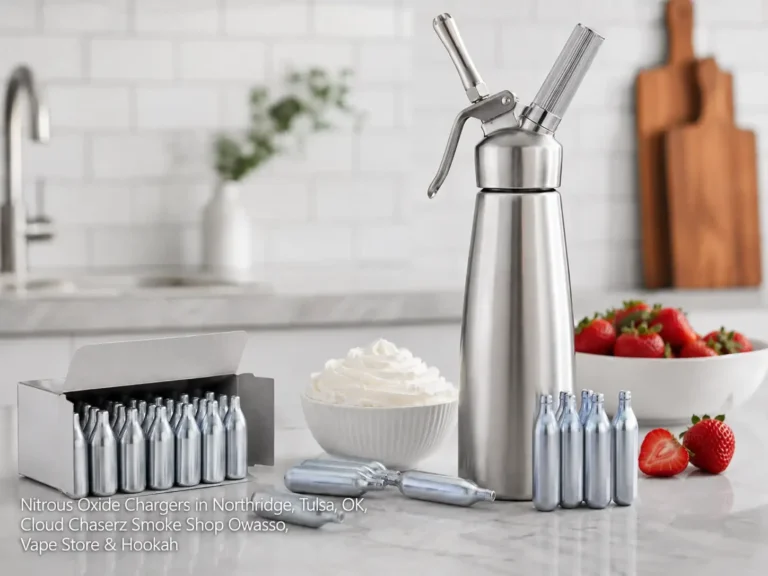 A kitchen counter setup with fresh strawberries, whipped cream, a dispenser, and nitrous oxide chargers Owasso