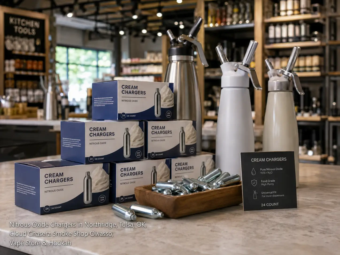 A retail countertop display featuring boxes of premium nitrous oxide chargers Owasso and whipped cream dispensers.