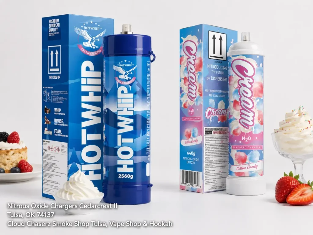 Buy Hotwhip and Cream nitrous oxide chargers Tulsa at Cloud Chaserz Smoke Shop, displayed with fresh whipped cream.