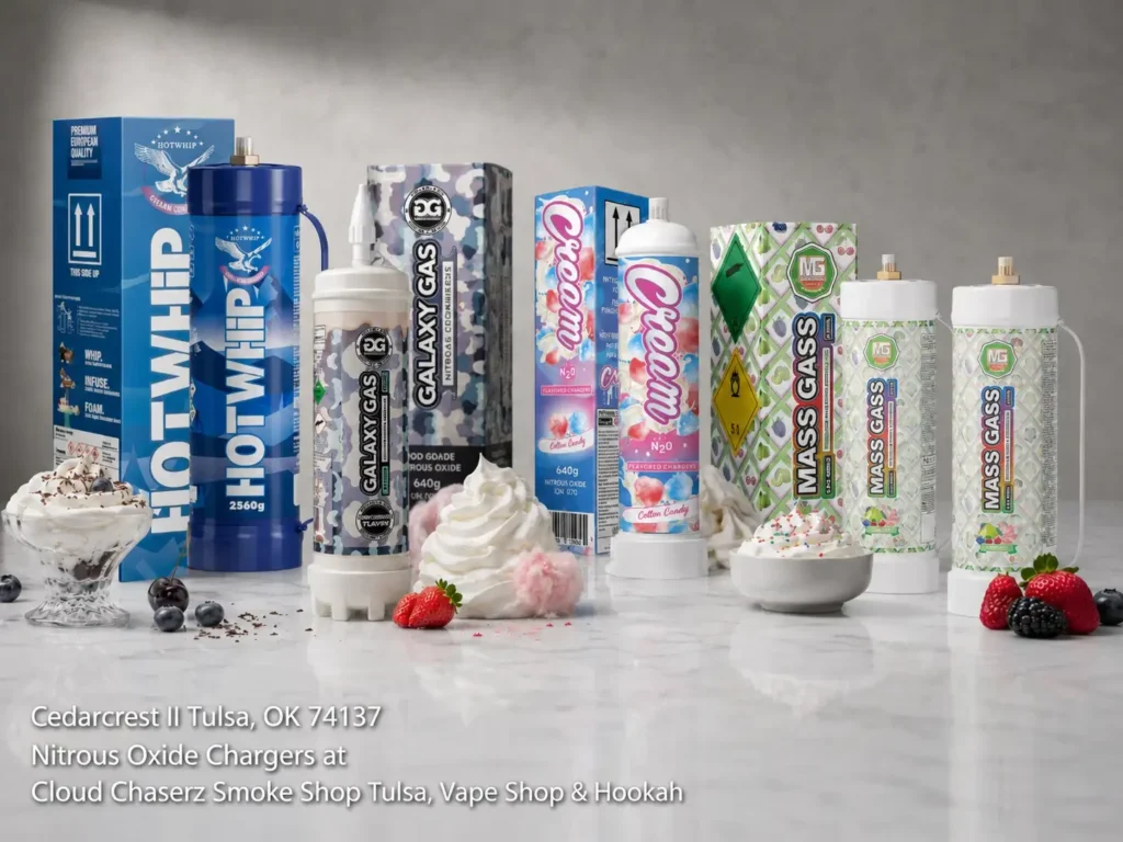 Premium brands of nitrous oxide chargers Tulsa including Hotwhip and Galaxy Gas at Cloud Chaserz Smoke Shop.