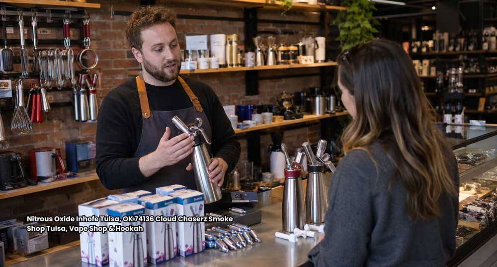 Whipped cream dispensers, chargers, and nitrous oxide supplies displayed at Cloud Chaserz Smoke Shop in Tulsa, OK 74136.