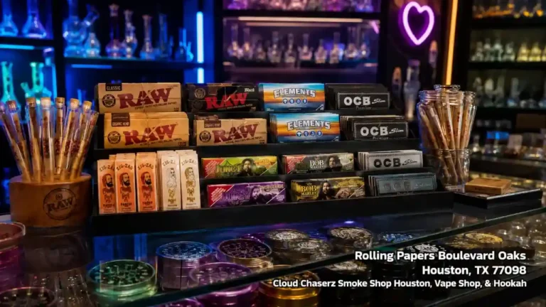 Premium brand rolling papers Houston smoke shop counter display with RAW, Elements, OCB, and Zig-Zag brands.