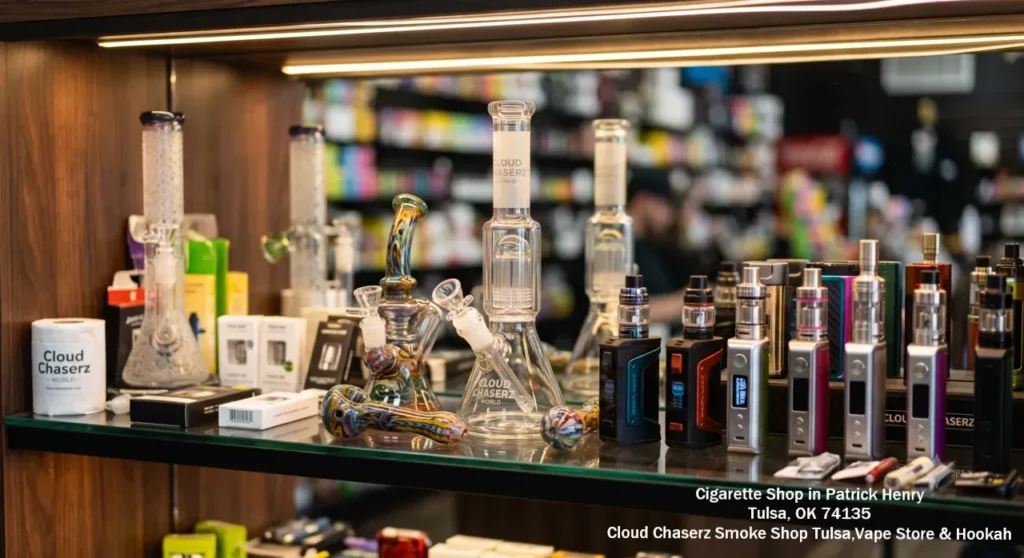 Close-up of glass pipes, bongs, and premium vape mods displayed on a shelf inside a leading cigarette shop tulsa.