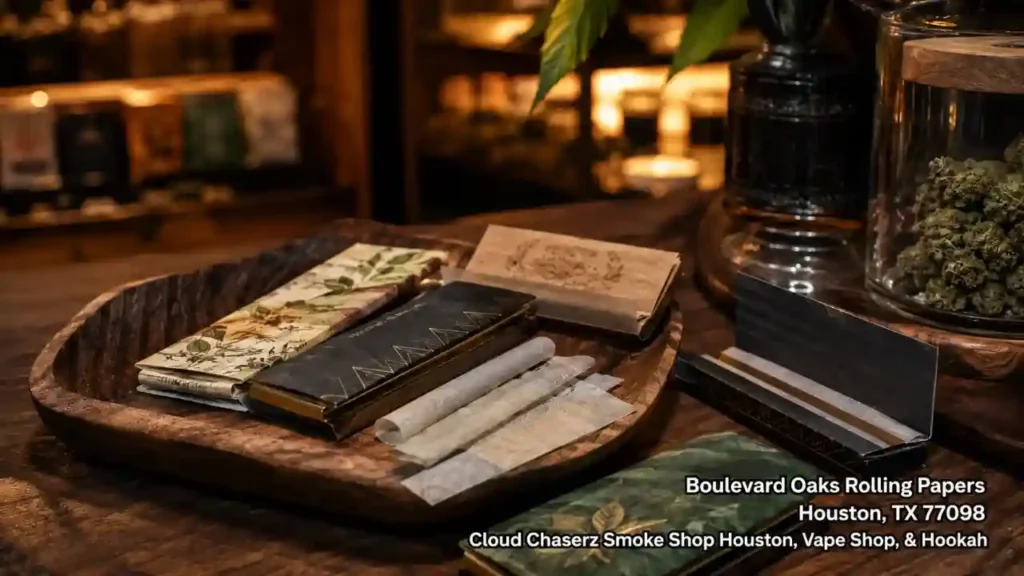 Close up of organic rolling papers Houston head shop display arranged beautifully in a rustic wooden tray.