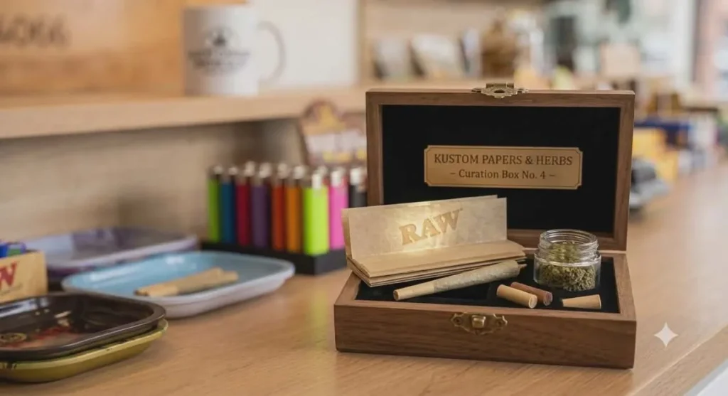 A wooden curation box featuring premium rolling papers Sapulpa enthusiasts love, displayed with herbal blends and cones