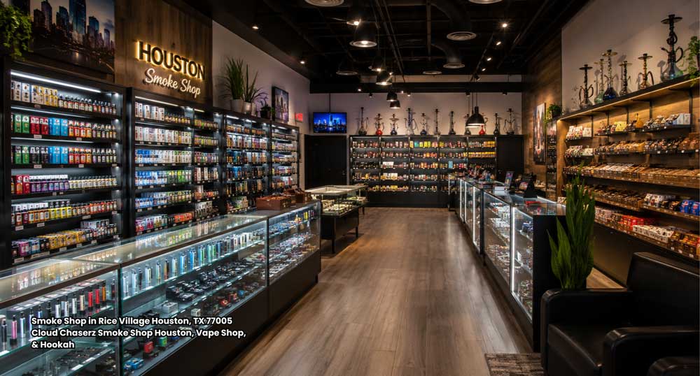 Interior view of Cloud Chaserz vape and smoke shop in Rice Village TX featuring glass display cases full of products.