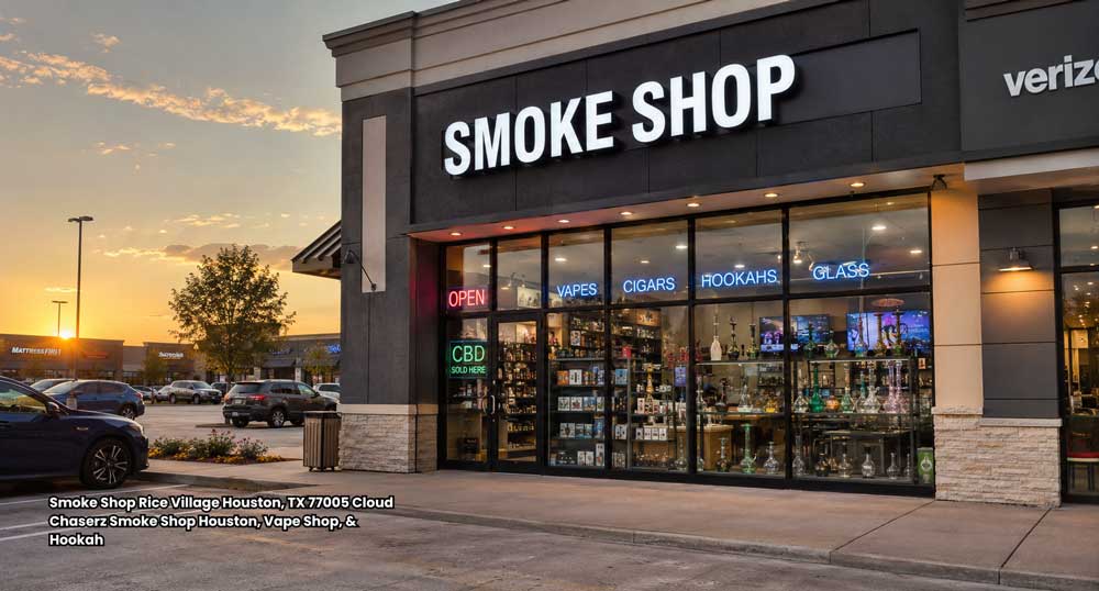 Exterior storefront of Cloud Chaserz smoke shop in Rice Village Houston TX selling vapes, CBD, hookahs, and glass pipes.