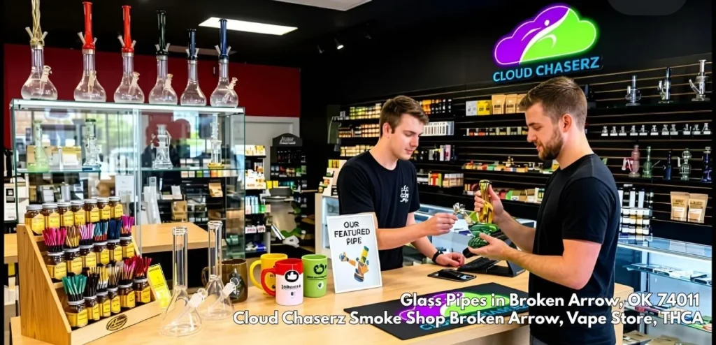 A customer and helpful staff checking out colorful water bongs and glass pipes Broken Arrow at the store counter.