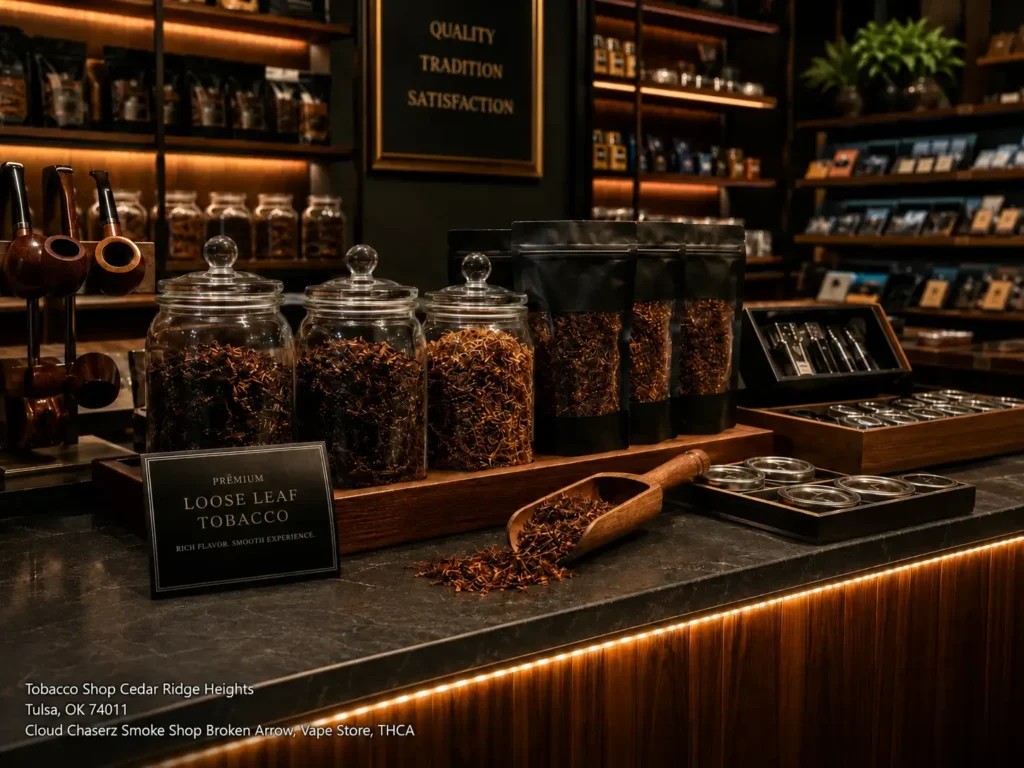 Premium pipe tobacco pouches and jars display at Cloud Chaserz, the tobacco shop Cedar Ridge Heights in Tulsa, OK 74011. 