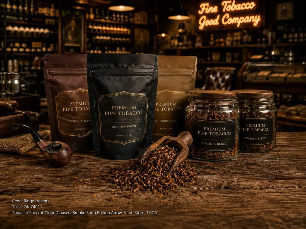 Premium loose leaf tobacco jars on display at Cloud Chaserz, a vape store and tobacco shop Broken Arrow, Tulsa OK 