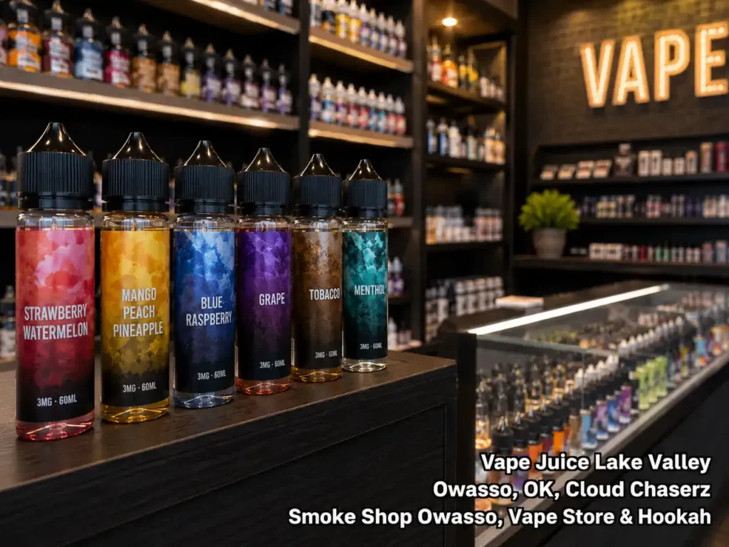 Colorful bottles of flavor-rich vape juice Owasso options lined up inside the Cloud Chaserz smoke shop showroom.