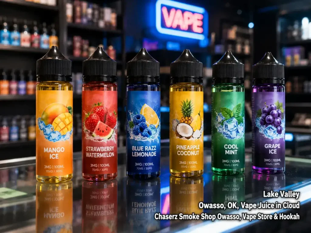 Premium vape juice Owasso flavors like Mango Ice and Blue Razz on display at Cloud Chaserz smoke shop counter.