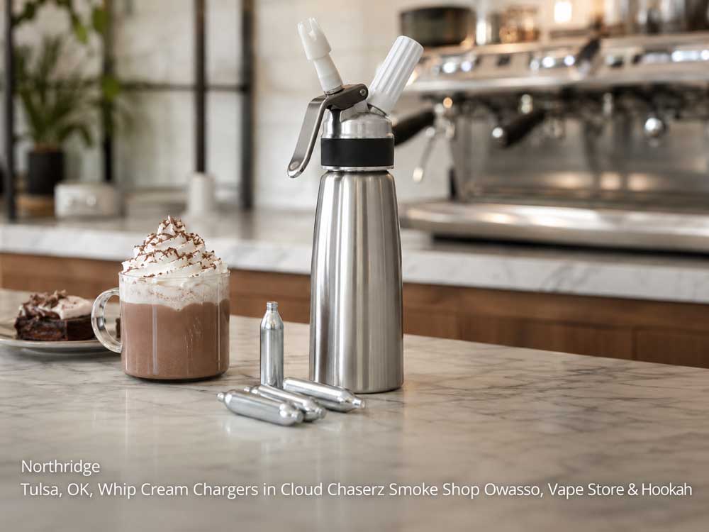 Professional metal dispenser and whip cream chargers Owasso vape store lifestyle display next to hot cocoa.