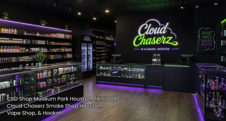 Modern interior of a premier CBD shop Houston featuring illuminated product display counters and wall shelves.