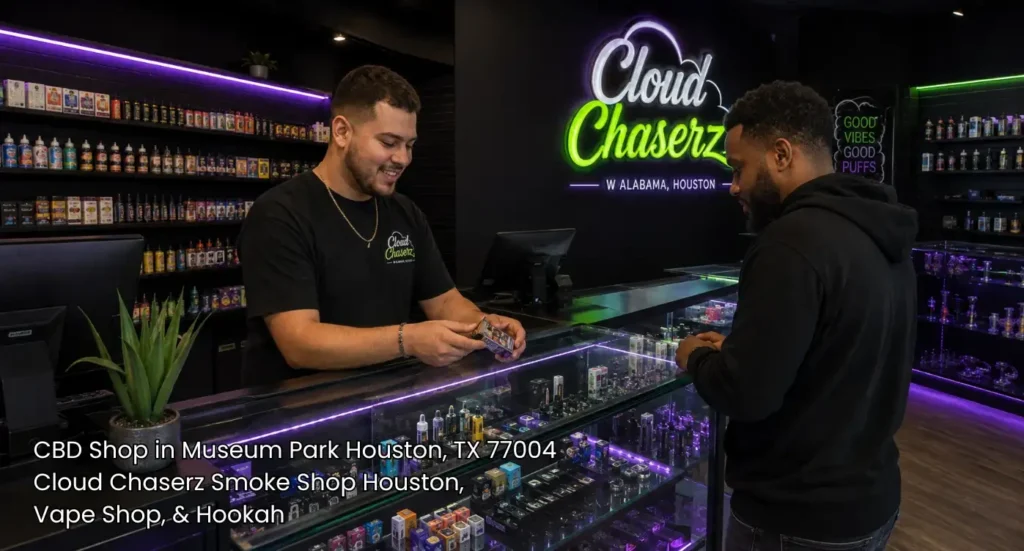 Store associate helping a customer select premium products over the counter at a top CBD shop Houston location. 