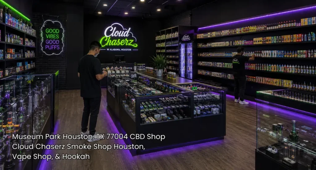 Customers browsing through well organized glass counters and vibrant shelving inside a full service CBD shop Houston. 
