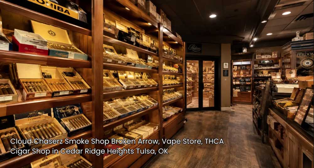 Warmly lit wooden shelves stacked with premium boxed products at an upscale cigar shop Broken Arrow venue.