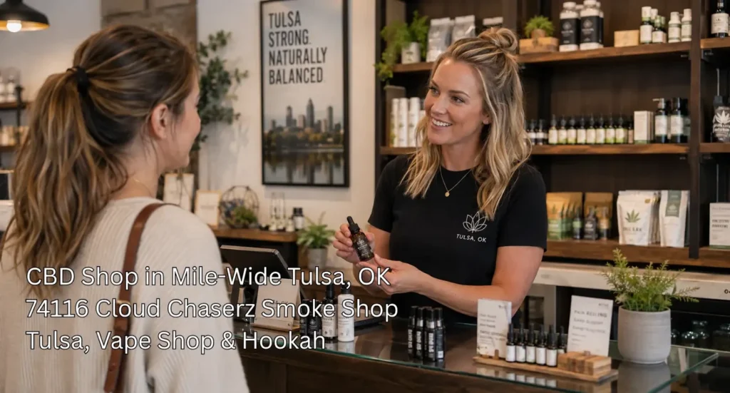 Knowledgeable store associate guiding a customer through organic oil tinctures inside a top CBD shop in Tulsa. 