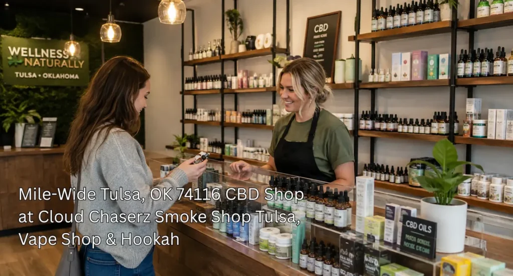 Customer browsing premium wellness products at the checkout counter of an inviting CBD shop in Tulsa Oklahoma. 