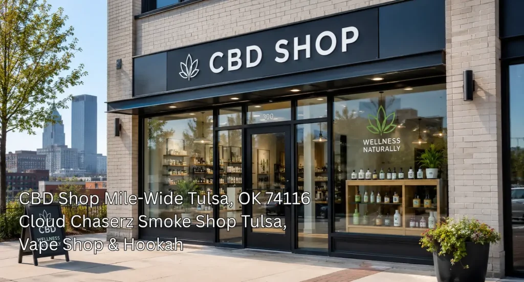 Modern storefront exterior of a premier CBD shop in Tulsa OK featuring natural wellness tinctures and local products.