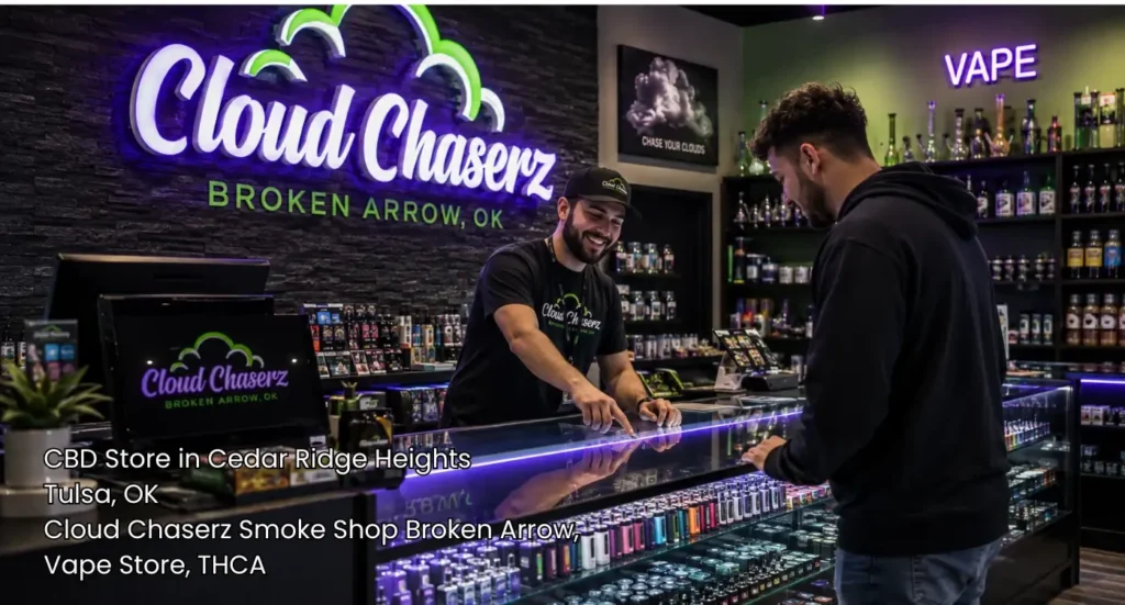Friendly employee assisting a customer at the sales counter inside a top-rated cigarette shop tulsa locals trust.