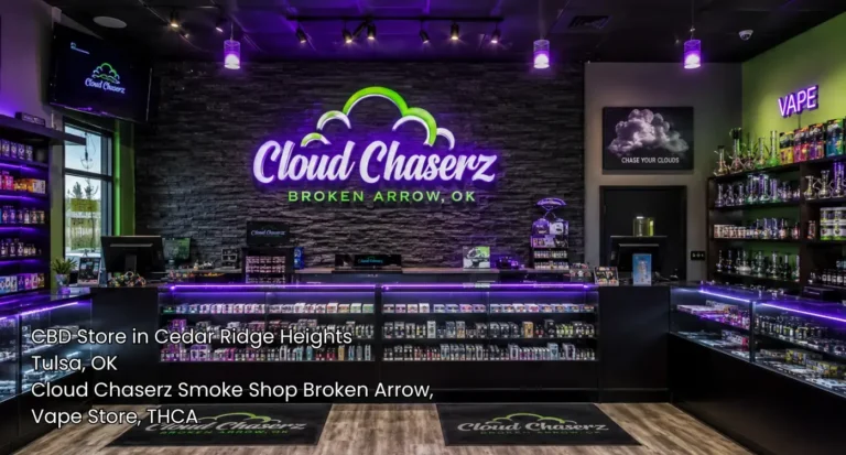 Modern glass display counter with purple lighting inside a local CBD store Broken Arrow shoppers visit for vapes.