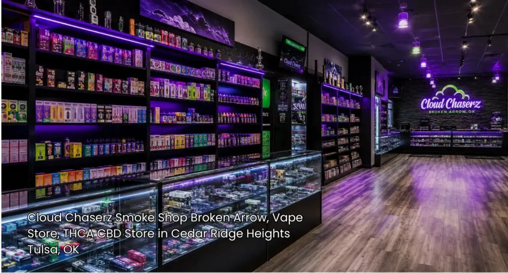 Fully stocked wall shelves and clean glass cases inside a top-rated CBD store Broken Arrow locals recommend.