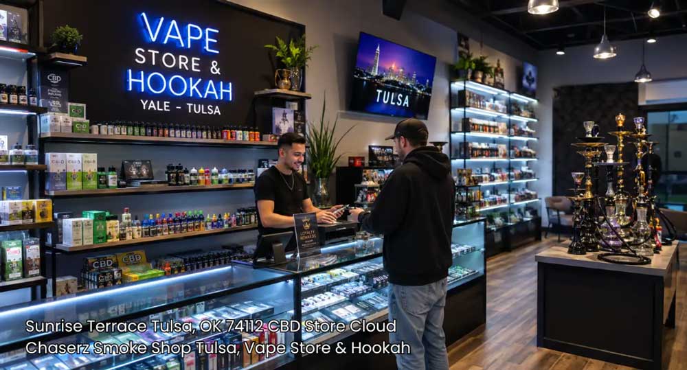 Friendly employee ringing up a customer purchase inside a modern CBD store Tulsa shoppers recommend for service.