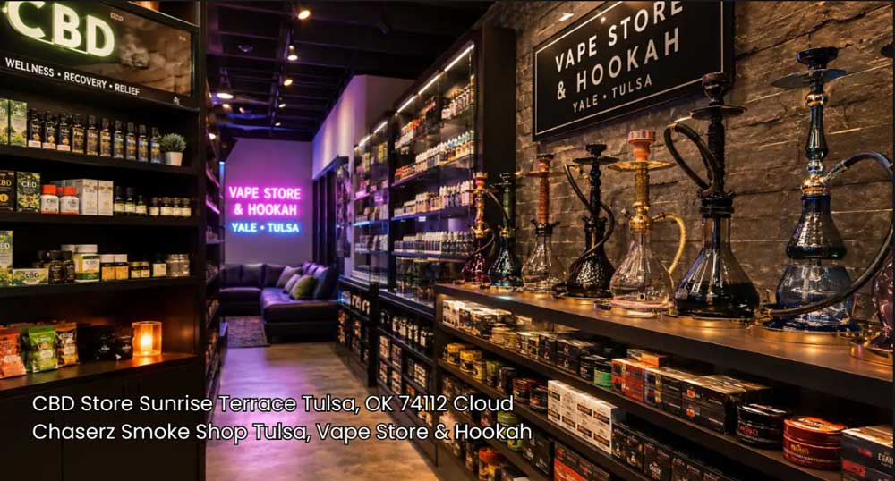 Organized shelves stocked with wellness items inside a fully equipped cigarette shop tulsa area locals trust.