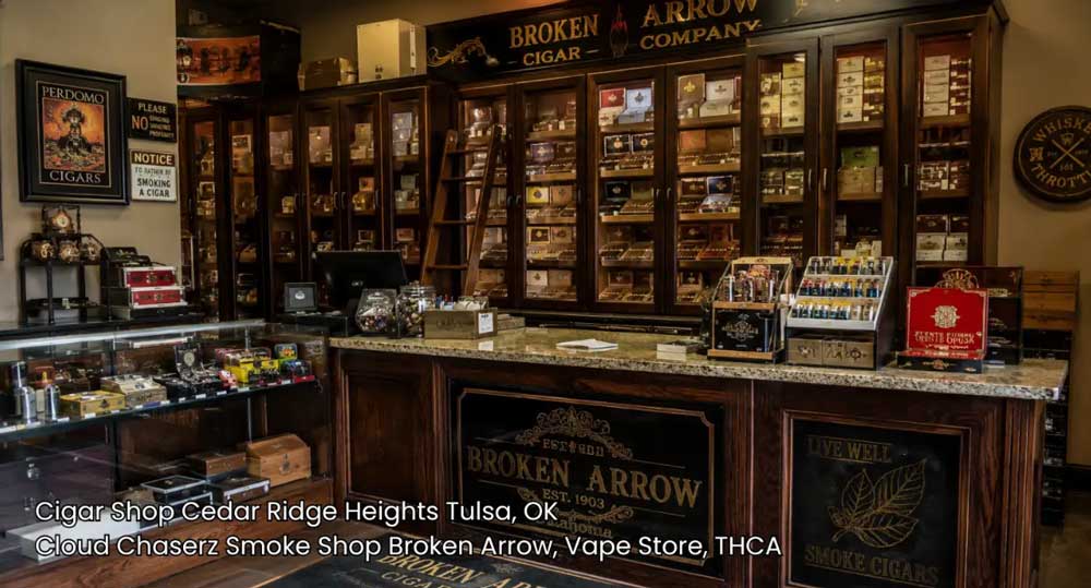 Rich wood counters and glass display cases inside a premier cigar shop Broken Arrow enthusiasts visit.