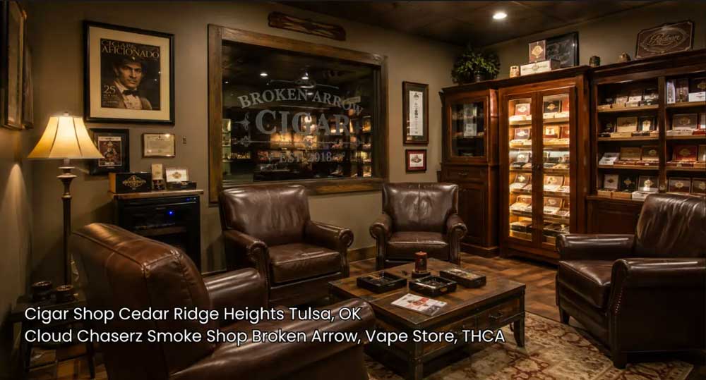 Plush leather seating area and lit humidor cabinets at a relaxing cigar shop Broken Arrow location.